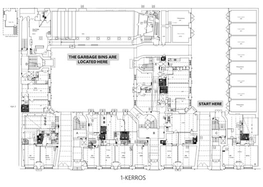 Floor plan showing the route to garbage bins from the apartment